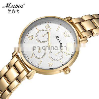 MEIBIN 1055 Stainless Steel Strap Women Quartz Hand Watch Waterproof Business Watch Women