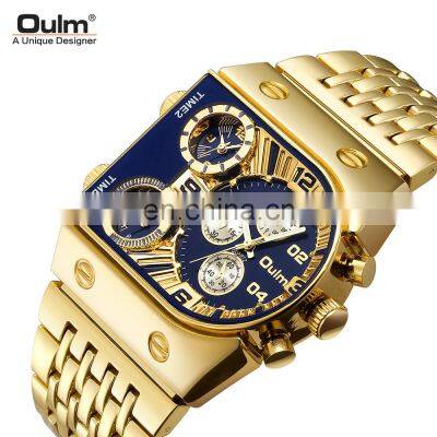 Oulm 9315 Fancy Mens Quartz Wrist Watch Luxury Gold Strap 3 Time Zone Waterproof Men Watches