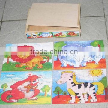 Hot selling educational wooden toys wooden puzzle,lion kangaroo elephant zebra in wooden box