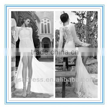 2014 New Style Bateau Neckline Long Sleeve Mermaid Lace Appliqued Split Long Wedding Dress (WDID-1015)