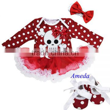 Xmas Skull Baby Red Polka Dots White Ruffles Long Sleeves Bodysuit Pettiskirt and Headband Crib Shoes NB-18M