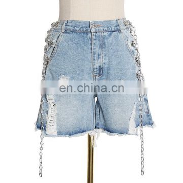 TWOTWINSTYLE Casual Patchwork Chian Denim Shorts Women High Waist Hollow Out Ripped Hole Tassel