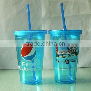 logo printed double wall plastic cups with lids and straws