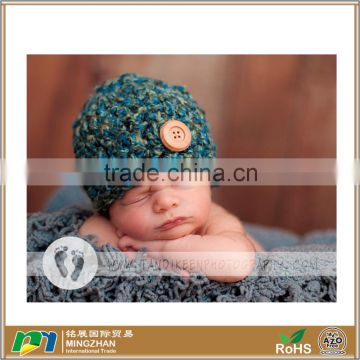 Great Blue and Green Shades with Wood Button Detail Soft and Chunky Baby Beaine Hat