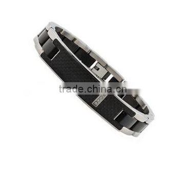 Stainless Steel hot selling polished black carbon fiber ID bracelet W/ little gems