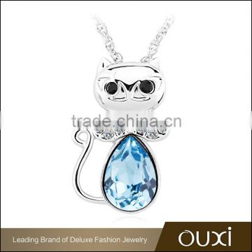 OUXI korean style multicolored rhodium plated crystal cat necklace 11441-1