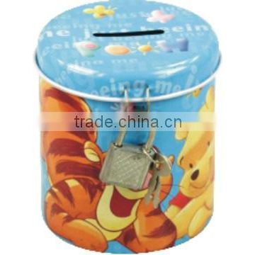 Tin cartoon kids money coin box with lock