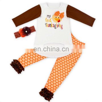 New Autumn Baby Girls Top Ruffle Flower Pants Suits Boutique Outfits White Thanksgiving clothes