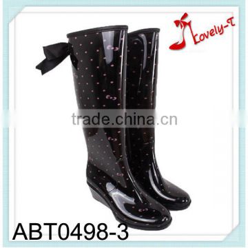 Speckle woman wedge heel zipper knee high rain boots with ribbon