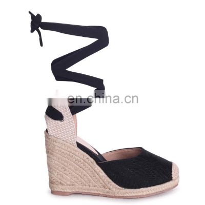 Women high fashionable black closed toe espadrille wedge heel with tie up ankle strap sandals shoes made in China