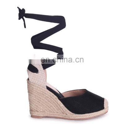 Women high fashionable black closed toe espadrille wedge heel with tie up ankle strap sandals shoes made in China