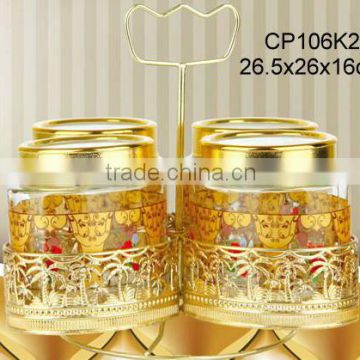 CP106K2 4pcs oval glass jar with printing with turning golden rack