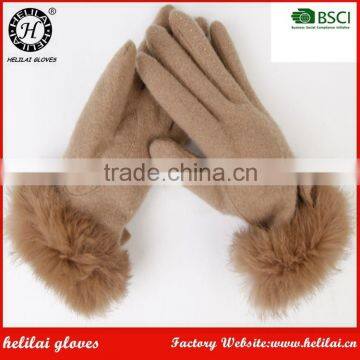 Helilai Factory ODM Winter Ladies Thick Woollen Gloves with Rabbit Fur Cuff