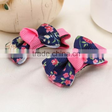 small size handmade flower printted grosgrain ribbon hair grips for baby girl