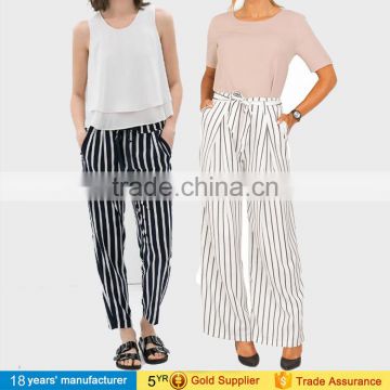 Casual high elasti drawstring waist loose wide leg linen stripe long trouser pants for women