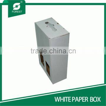 UNPRINTED CORRUGATED WINE HOLDER WHITE PAPER BOX WITH PLASTIC HANDLE