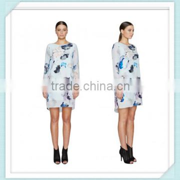 Lady's silk crepe de chin digital printed long sleeve fashion dress
