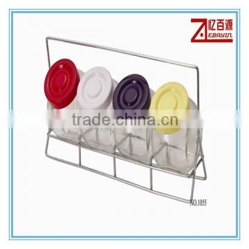 4pcs spice glass jar with wire chrome plated rack