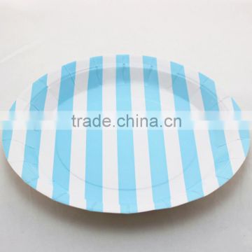 Environmental 9 Inch Blue Striped Round Paper Plate for Baby Shower Favors