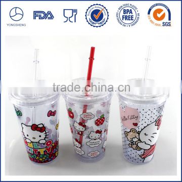 New style hello kitty design double wall plastic straw cup /straw mug