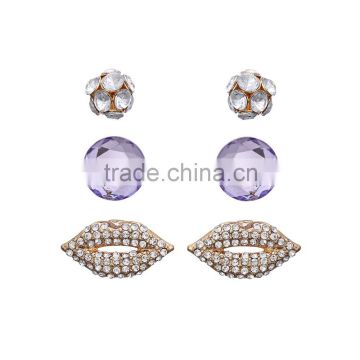 Women Fashion Jewelry Fireball Purple Faceted Stone CZ Accents Lips Mouth Stud Earring Set In Gold Plating Wholesale