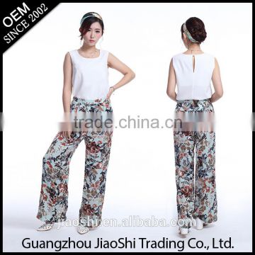 wholesale New design fashion women suit white top feet wide pants printed for ladies
