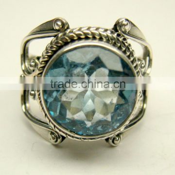Blue Topaz Facet 925 Sterling Silver Ring, Blue Round Gemstone Ring, Designer Oxidized Silver Handmade Ring