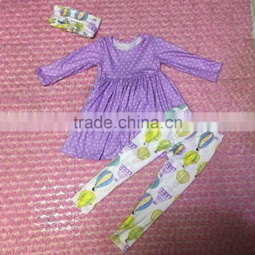 wholesale baby girl 3 pcs purple and white dots dress with balloon pattern pants and scarf outfit