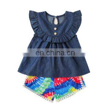 2020 new girls' sets summer denim blouses + print rainbow flowers shorts fashion children's clothing suit