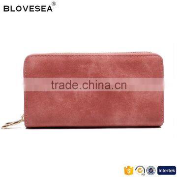 Customized casual style candy color pu double zipper with wrist strap woman wallet
