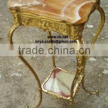 Honey and White Onyx Coffee Table with Brass Legs