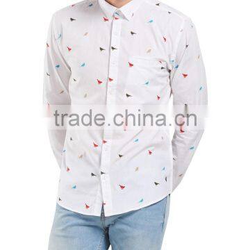 Men's Long Sleeve Birds Pattern Cotton Shirt