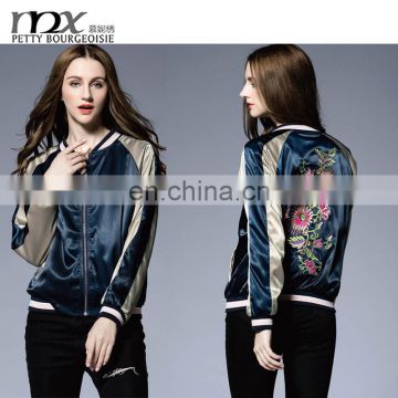 Fahion satin bomber jacket women 2016 winter embroideried bomber satin jackets wholesale