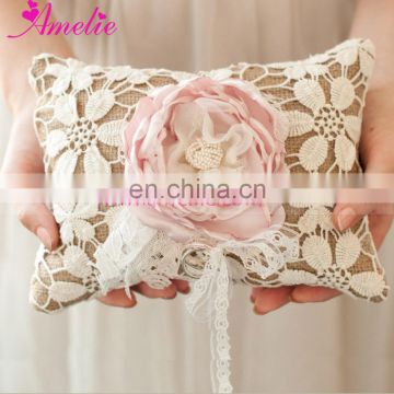 Rustic Chic Romantic Blush Flower Burlap Wedding Ring Pillow for Party Shower