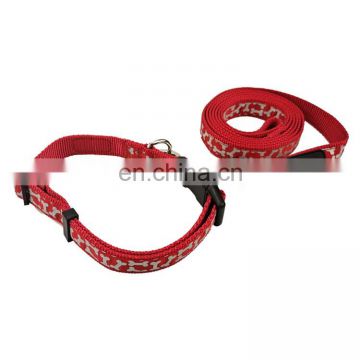 Amazon hot selling reflective  nylon webbing bone pattern dog leash and collar set dog collar