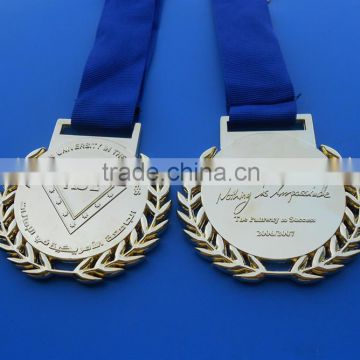 shiny gold wheat edge 3D custom medal sport souvenir with blue lanyard