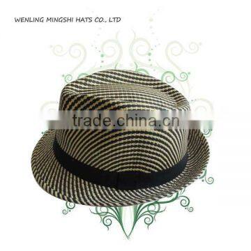 beige/black color paper straw hat with strip printing