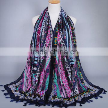 factory price geometry tassel Printed scarf female mercerized cotton long shawls autumn pure muslim hijab scarves/ pashmina