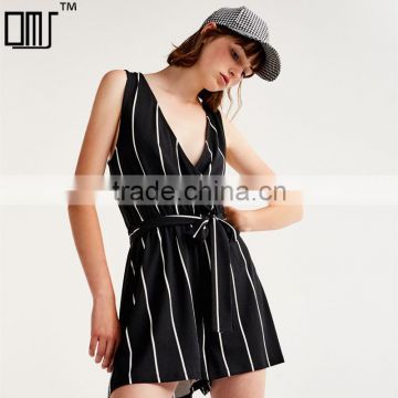 2017 hot sale V-neck short women cotton striped jumpsuit