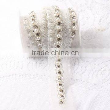 Sewing on bridal dress beaded lace trims,handmake thread pearl chain garment accessories