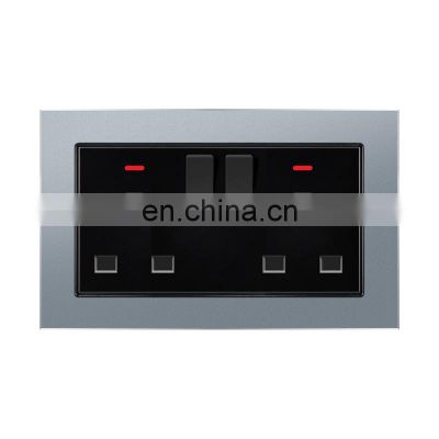UK Standard Type 146 Double 3 pin Wall Socket With Switch Aluminum Alloy Panel Sockets And Switches Electrical With LED Light