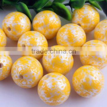 Wow!!! Wholesale Cute 20mm Matte Pearl Print Yellow Flower Chunky Round Loose Beads For Kids Jewelry Making!