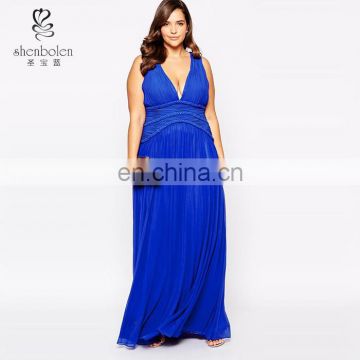 Sexy Nighty Dress Picture, Blue Plunge Neck Maxi Dress