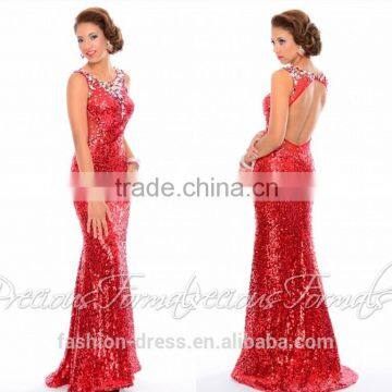 Hot Sale Sheath Beaded Neckline Open Back Red Sequins Evening Dress
