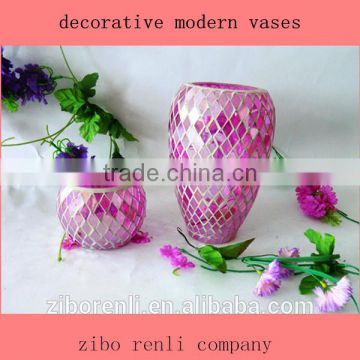 Wedding Decor Romantic Pink Mosaic Glass Flat Oval Shape Cheap Blown Decorative Modern Vases