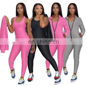 2021 New Fashion Plain Long Sleeve Jacquard 3 Piece Fall Sets Women Zipper Tracksuit Set