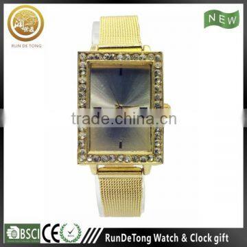 Glaring rectangular alloy case mesh band diamond waterproof quartz japan movt watch