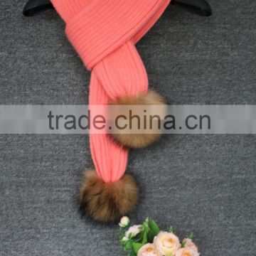 Genuine Raccoon Fur Pompoms Plain Wool Crochet Knit Scarf for Lady