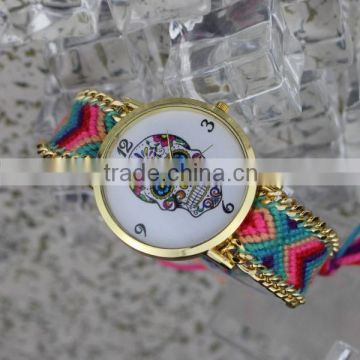 Wholesale woman Geneva watch , handmade braided band skull Geneva watch