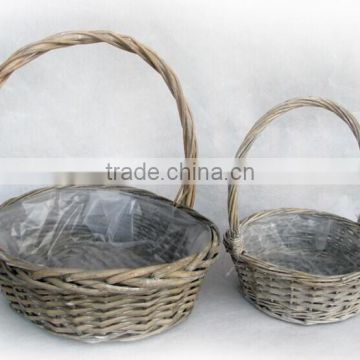 100%Handmade Natural plastic lined grey wicker flower plant pot flower plant basket with handle